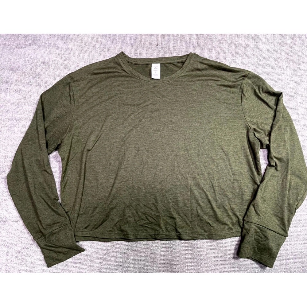 Xersion Womens Olive Green Crop Top Large Long Sleeve Round Neck Pullover